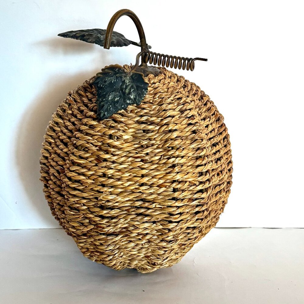 Vtg Metal Jute Rope Pumpkin with Metal Leaves & Stem Fall Thanksgiving Halloween